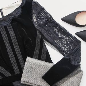 CARLISLE New York - BLACK VELVET AND SILK LACE DRESS. NWOT